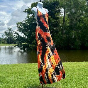 Peyton Jensen Tie Dye Spaghetti Strap Maxi Dress Orange, Yellow, Black EUC